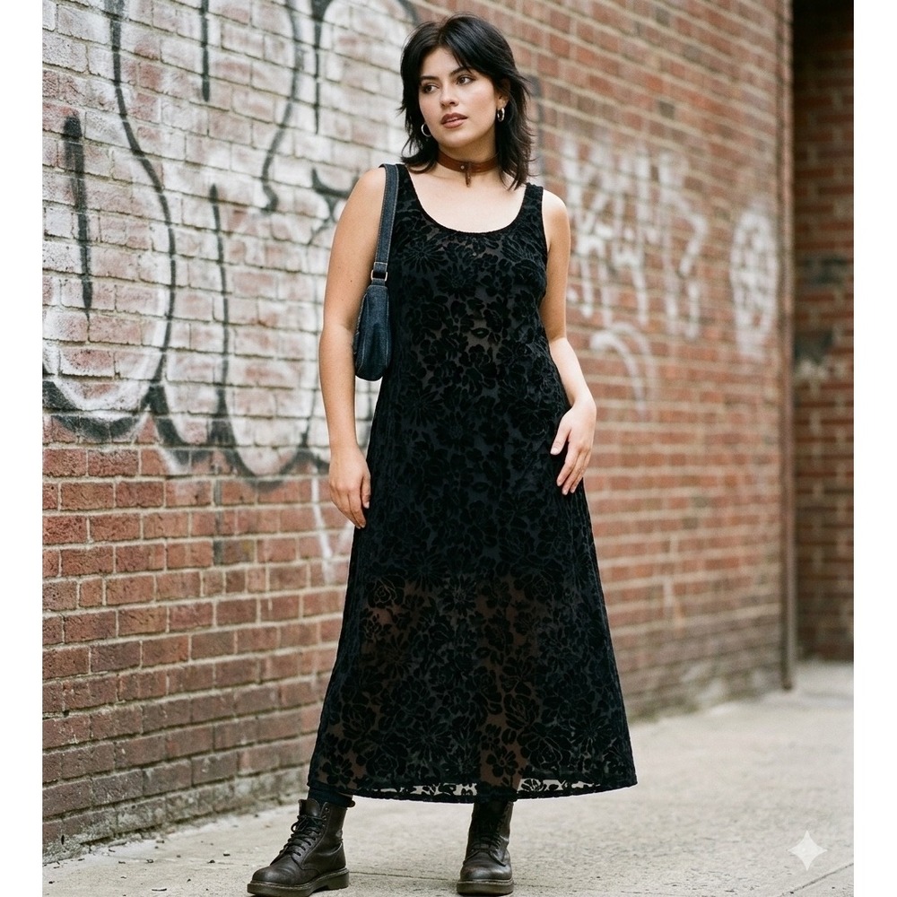 Vintage Sheer Burnout Velvet Maxi Dress - Black Size M/L 90s Whimsigoth Grunge